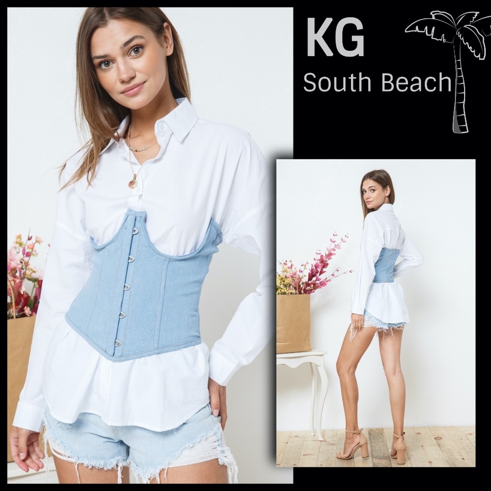 📌 KGSB LUX DESIGNS Casual White Button Up Shirt + Denim Bustier Set Sexy Dressy